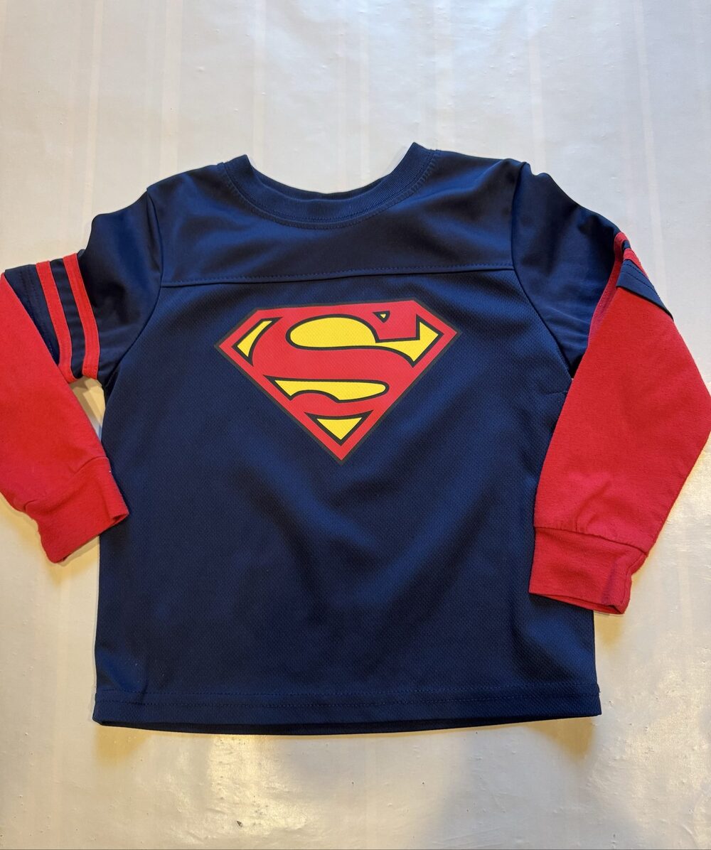 Boy’s Superman DC Comics Long Sleeve Athletic Jersey Shirt – Navy Blue Red – Siz
